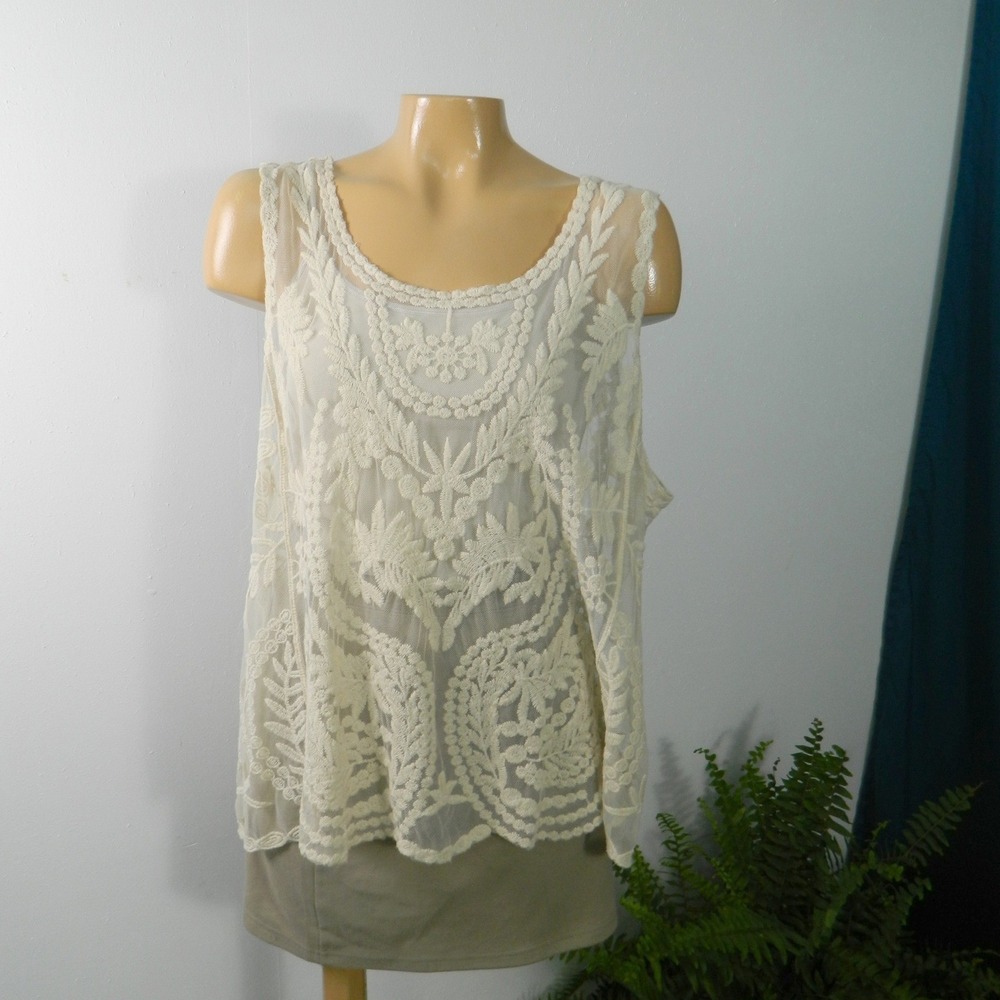 Bobbie Brooks Embroidered Mesh Tank Women 1X Ivory Floral Sheer Boho Sleeveless